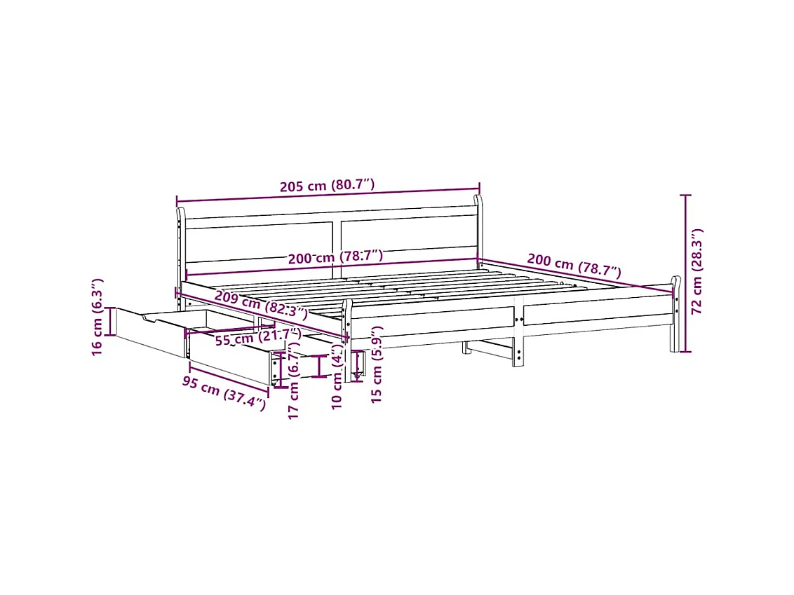 Cadre de lit sans matelas blanc 200x200 cm bois massif de pin