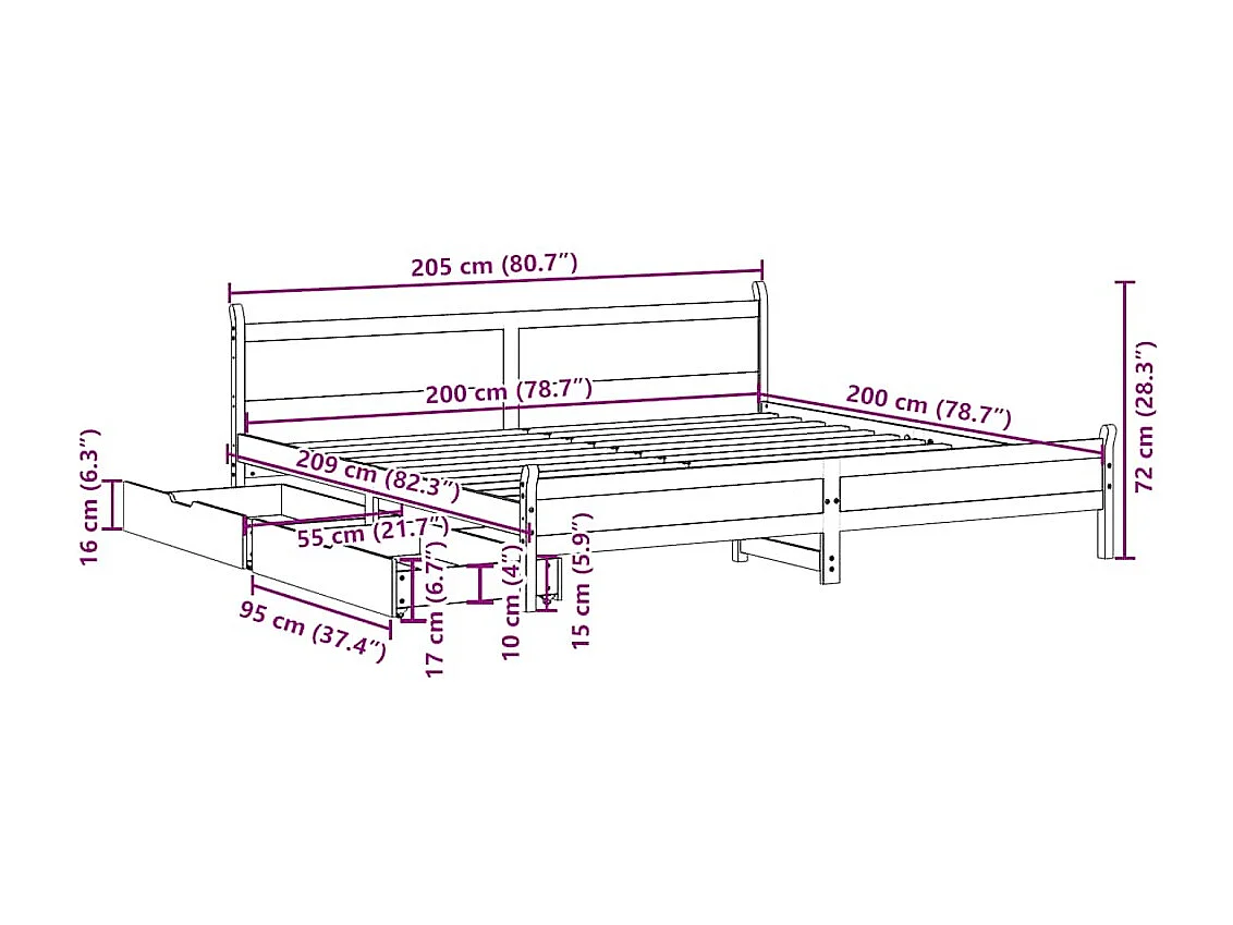 Cadre de lit sans matelas blanc 200x200 cm bois massif de pin