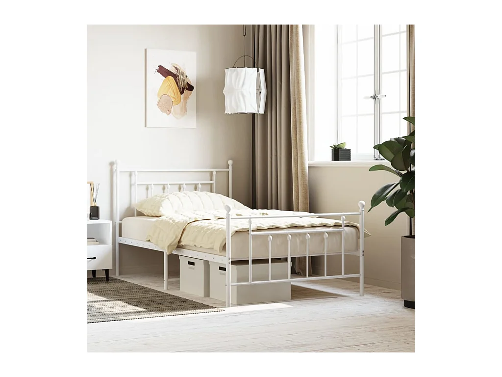 Cadre de lit métal sans matelas et pied de lit blanc 107x203 cm