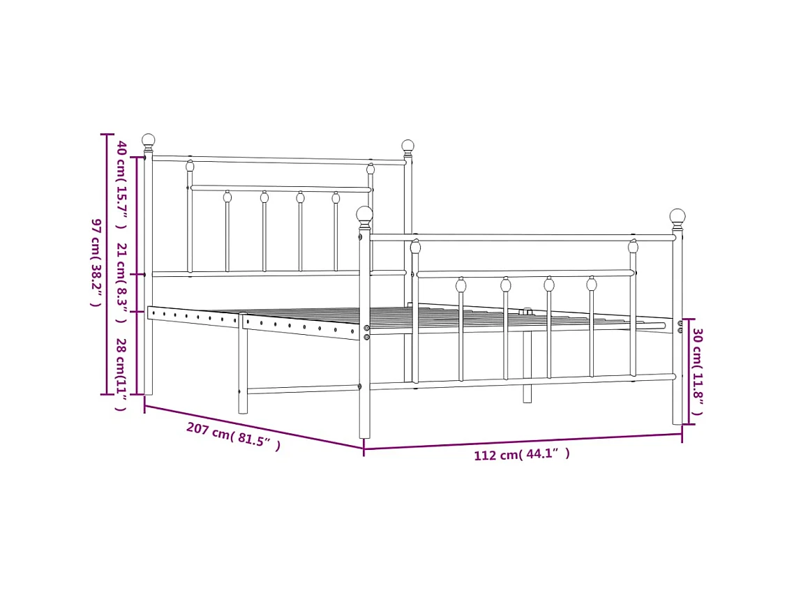 Cadre de lit métal sans matelas et pied de lit blanc 107x203 cm