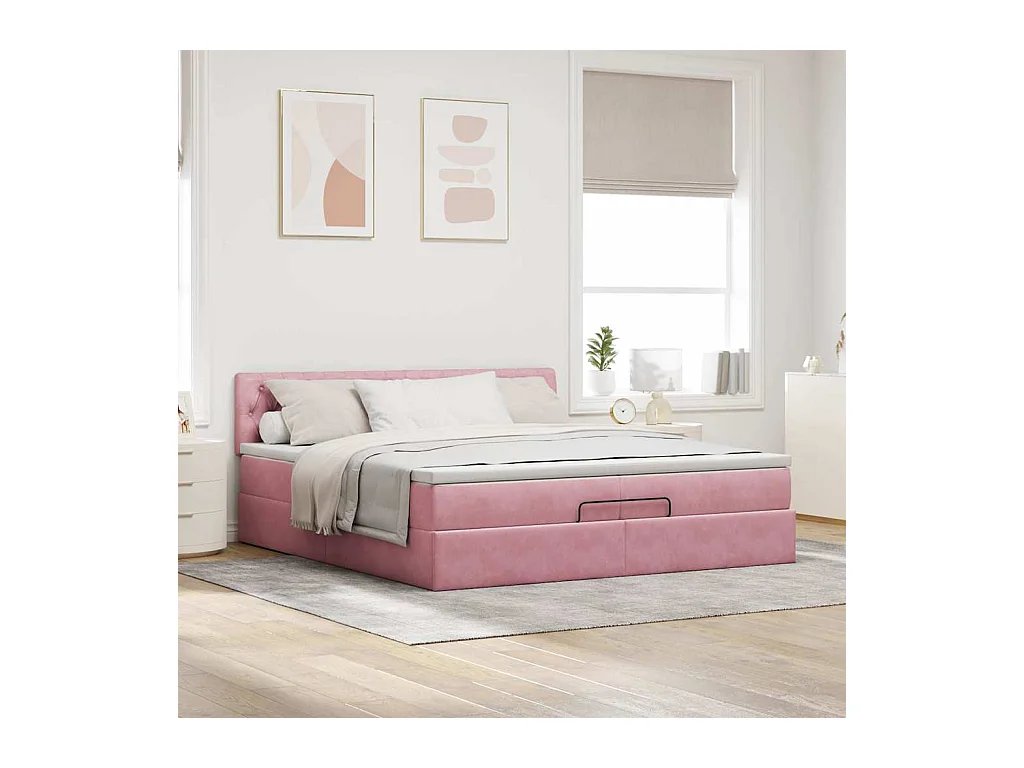 Cadre de lit ottoman avec matelas rose 200x200 cm velours