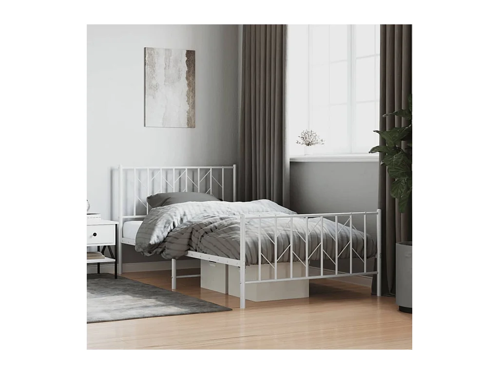 Cadre de lit métal sans matelas et pied de lit blanc 107x203 cm