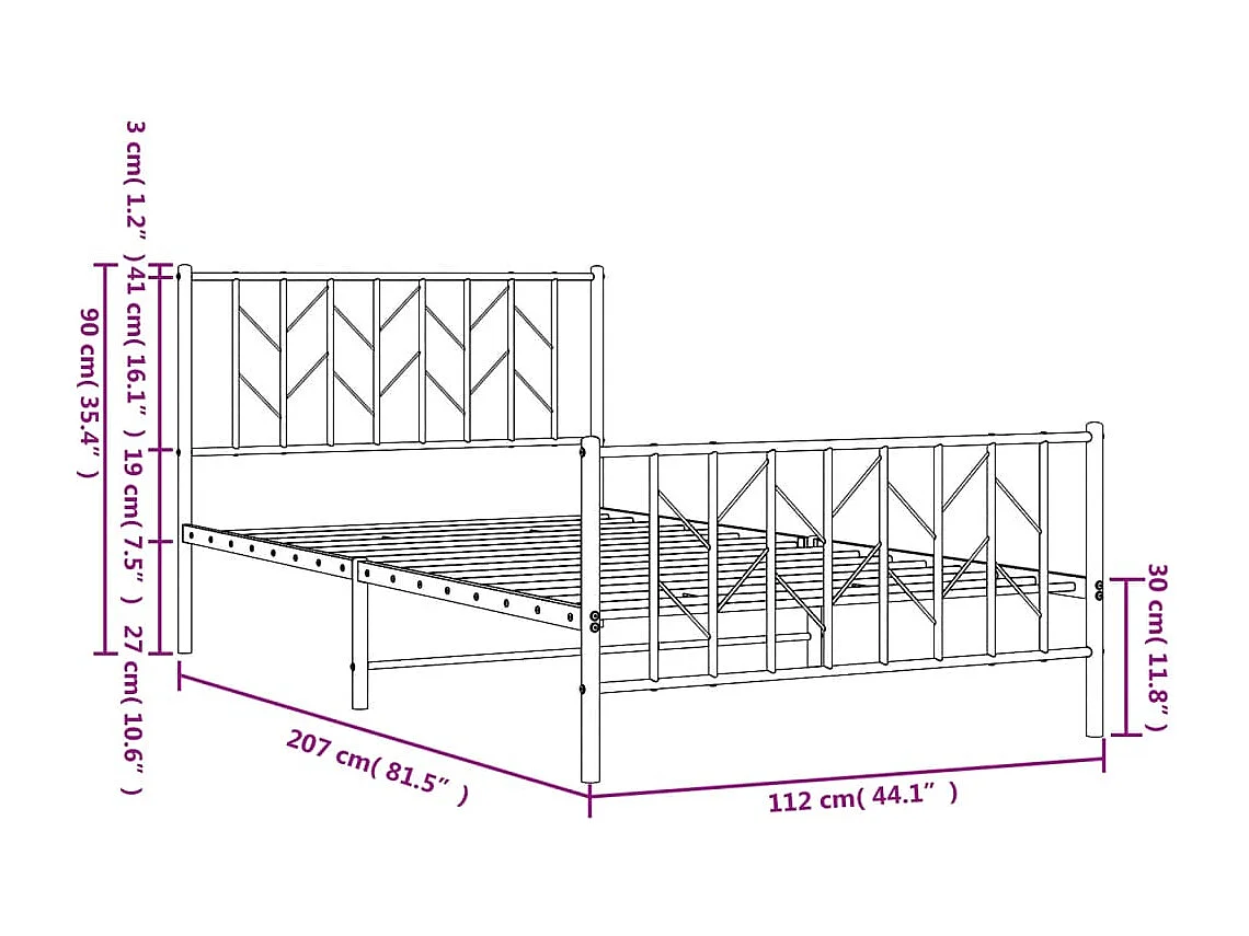 Cadre de lit métal sans matelas et pied de lit blanc 107x203 cm