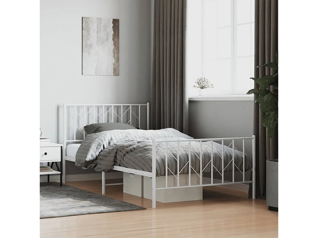 Cadre de lit métal sans matelas et pied de lit blanc 107x203 cm