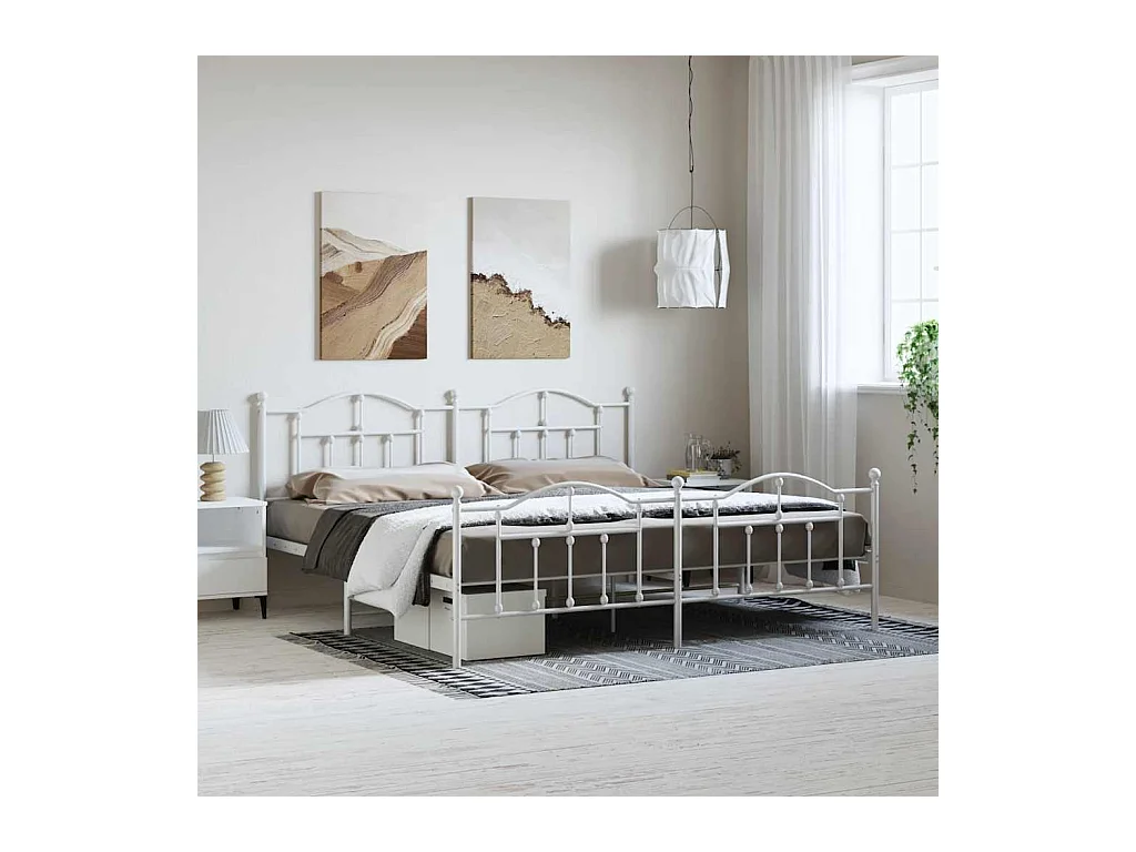 Cadre de lit métal sans matelas et pied de lit blanc 193x203 cm