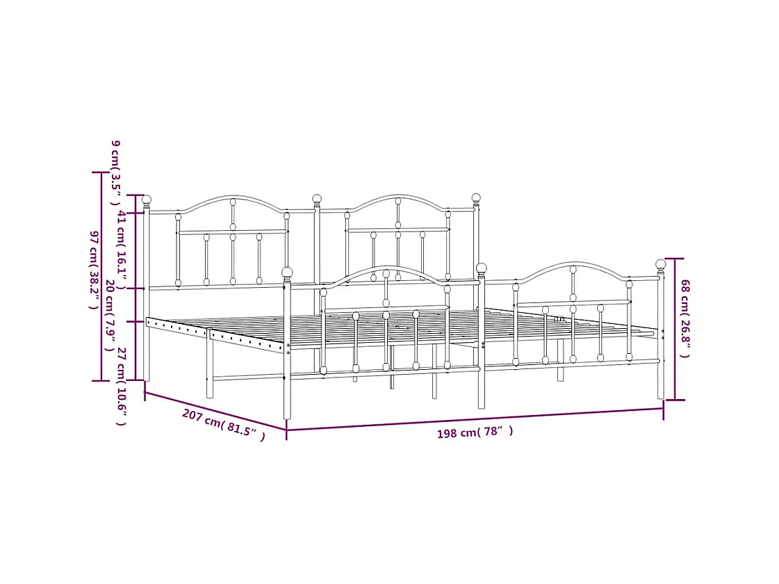 Cadre de lit métal sans matelas et pied de lit blanc 193x203 cm