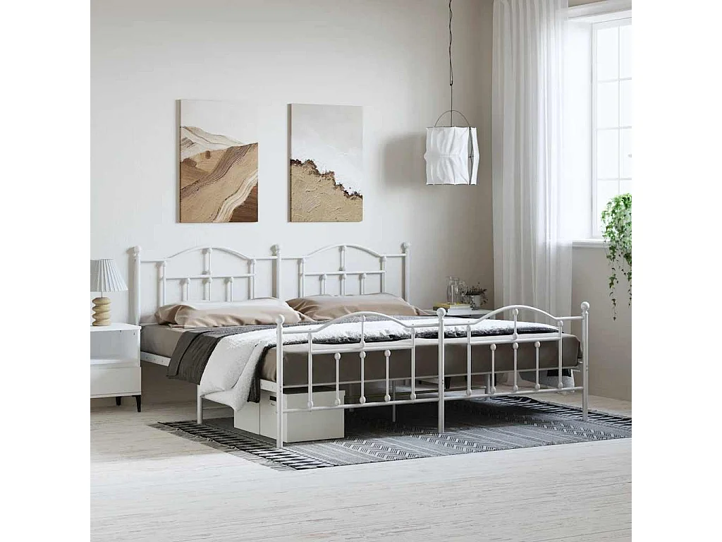 Cadre de lit métal sans matelas et pied de lit blanc 193x203 cm