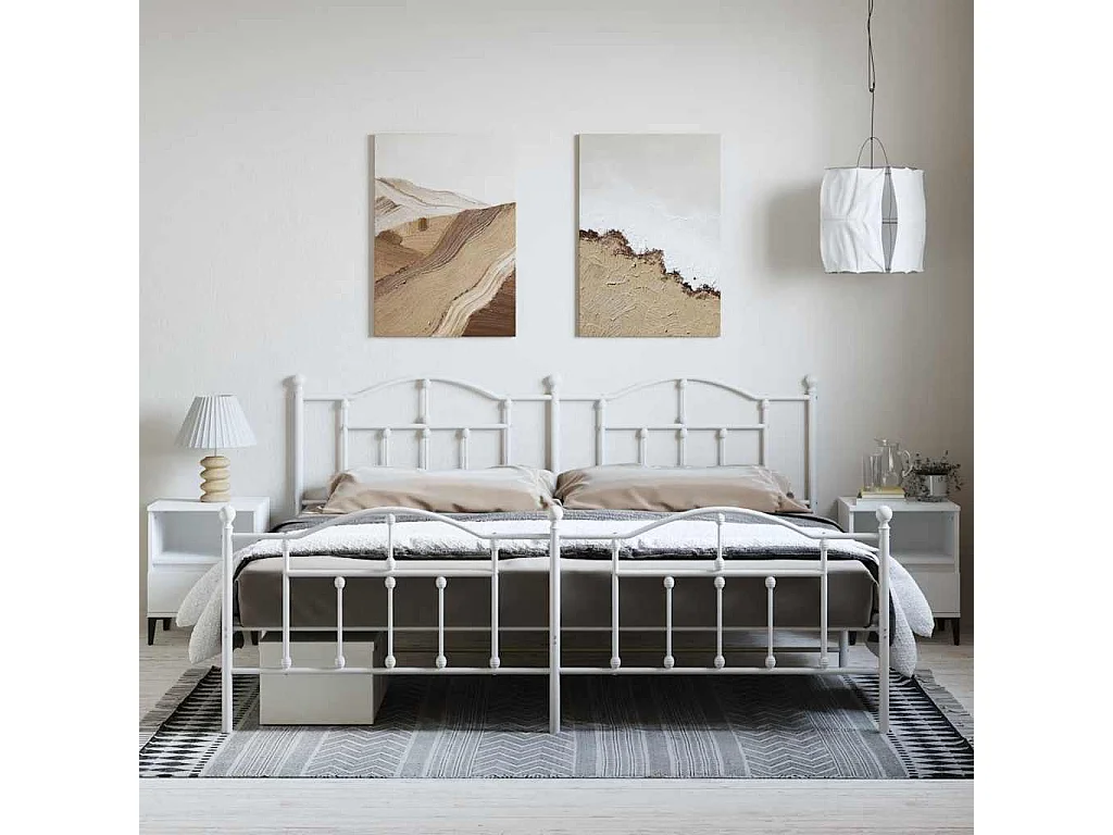 Cadre de lit métal sans matelas et pied de lit blanc 193x203 cm