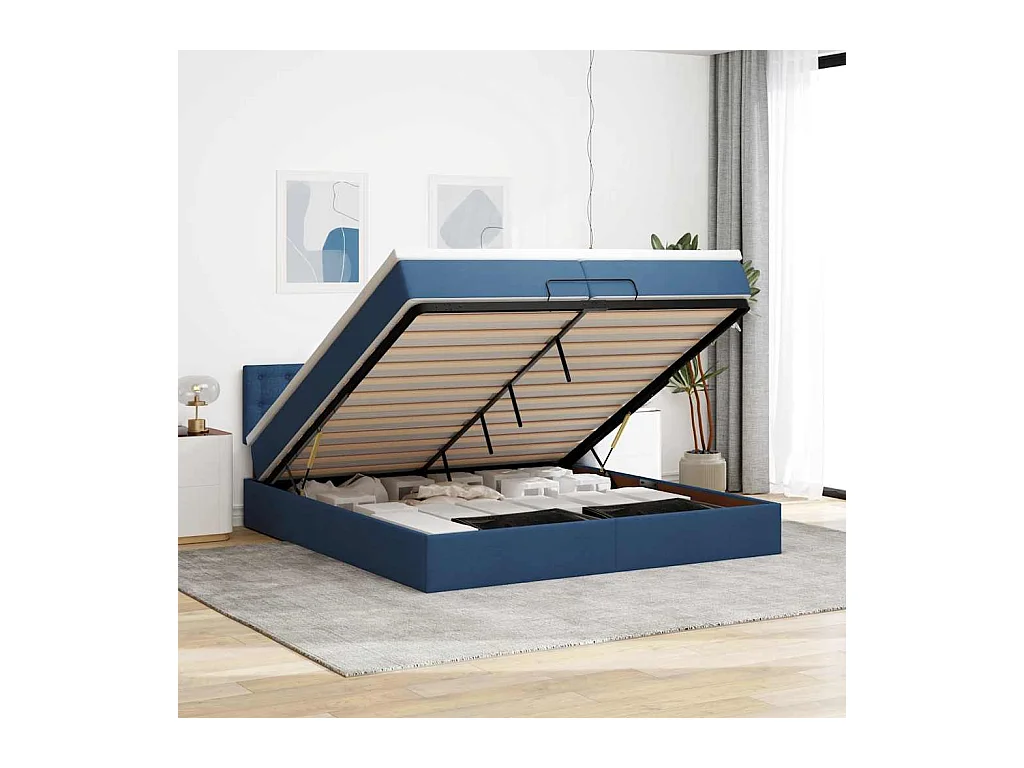 Ottoman-Bett mit Matratzen & LEDs Blau 200x200 cm Stoff