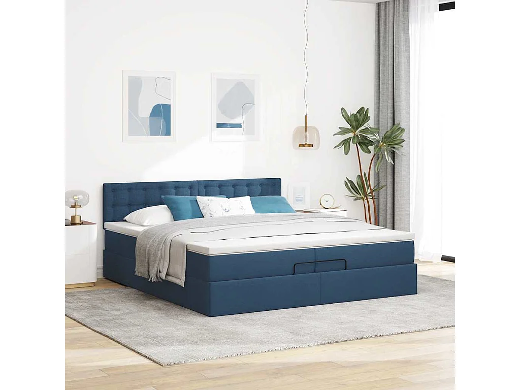 Struttura Letto Pouf con Materassi Blu 200x200 cm in Tessuto
