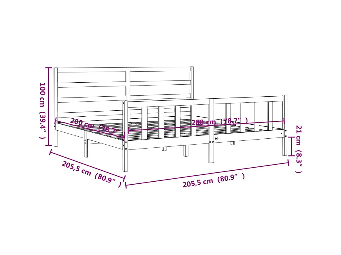 Cadre de lit sans matelas noir 200x200 cm bois massif de pin