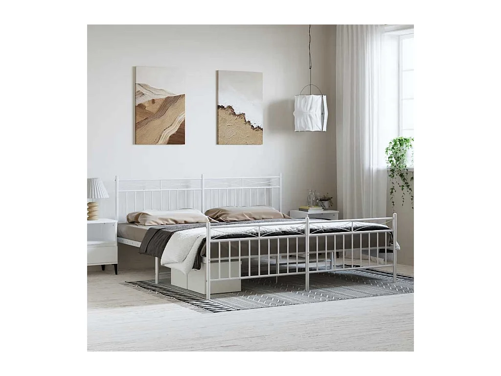 Cadre de lit métal sans matelas et pied de lit blanc 193x203 cm