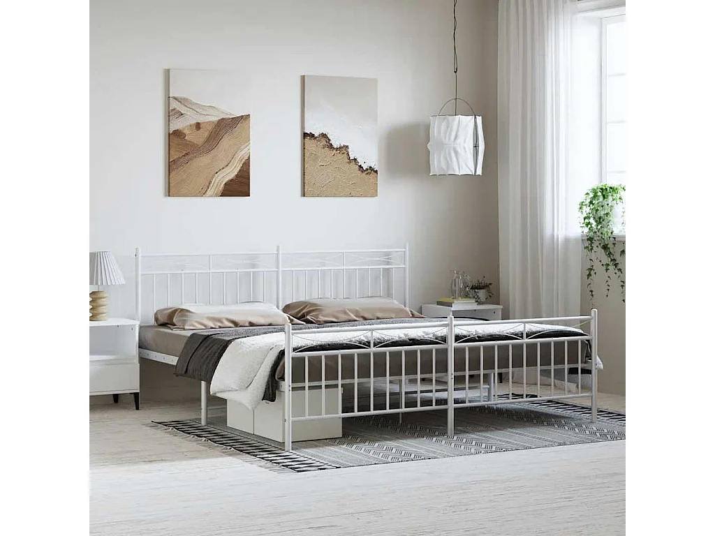 Cadre de lit métal sans matelas et pied de lit blanc 193x203 cm