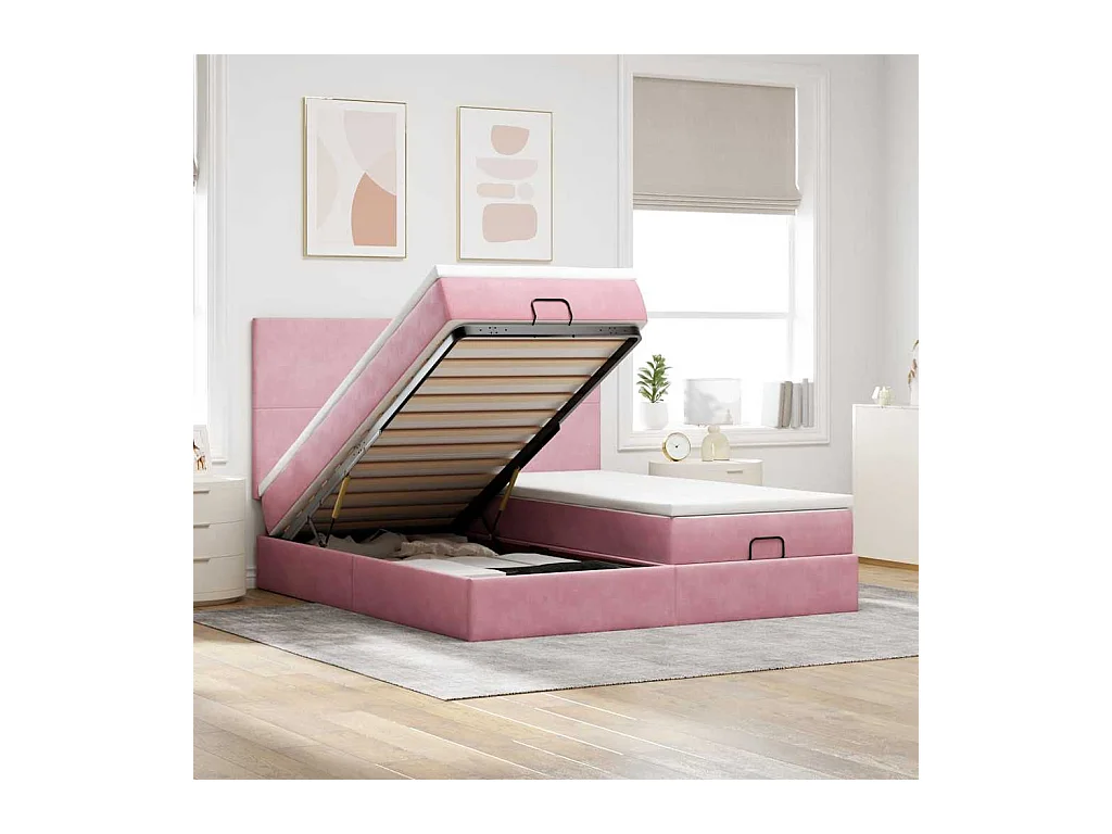 Cadre de lit ottoman avec matelas rose 200x200 cm velours
