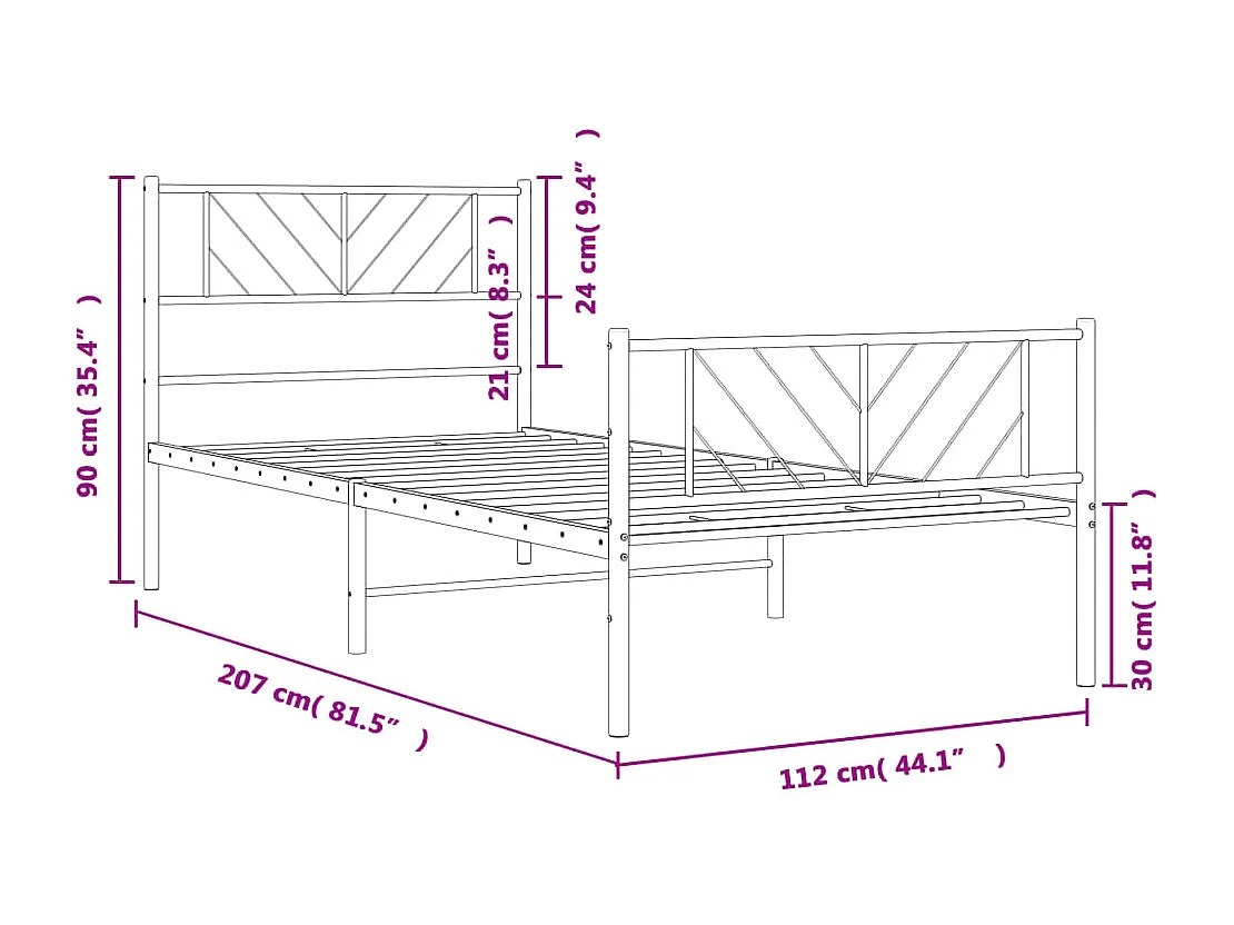 Cadre de lit métal sans matelas et pied de lit blanc 107x203 cm