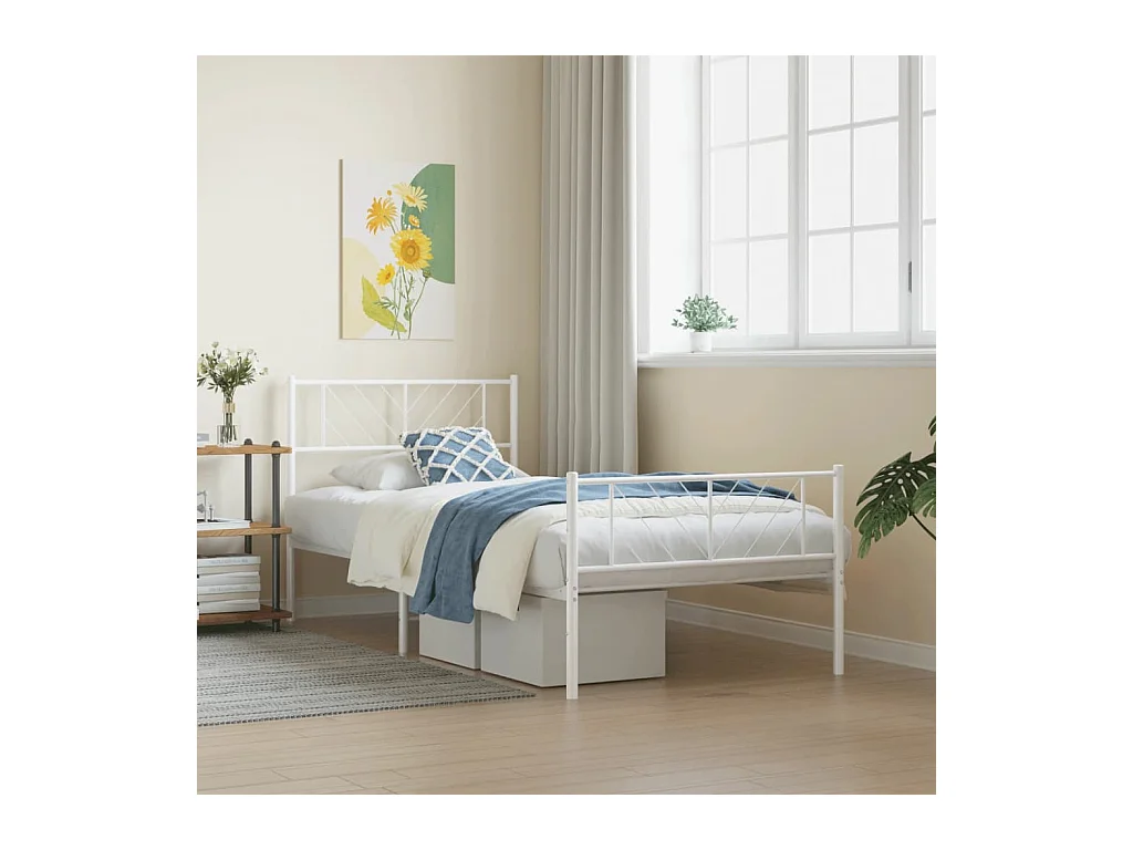 Cadre de lit métal sans matelas et pied de lit blanc 107x203 cm