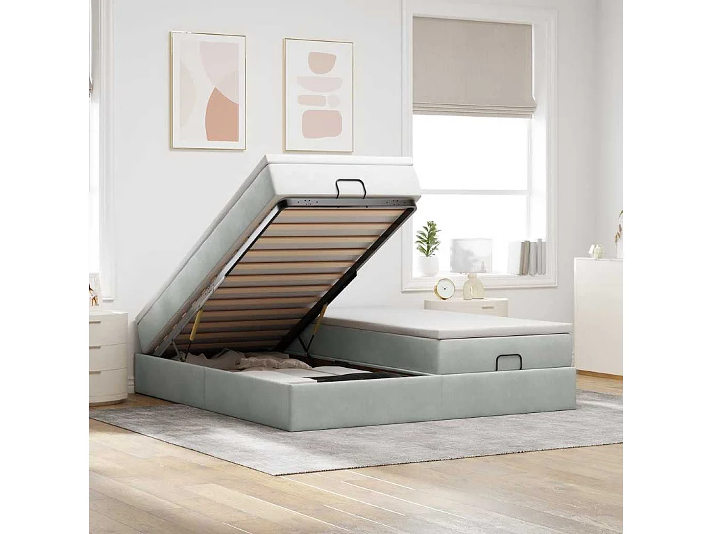 Cadre de lit ottoman avec matelas gris clair 200x200 cm velours