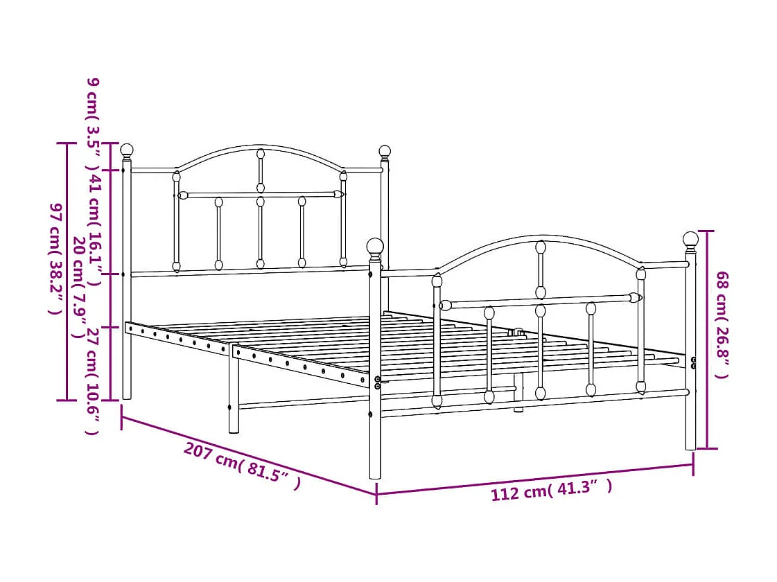 Estructura cama sin colchón con estribo metal negro 107x203 cm