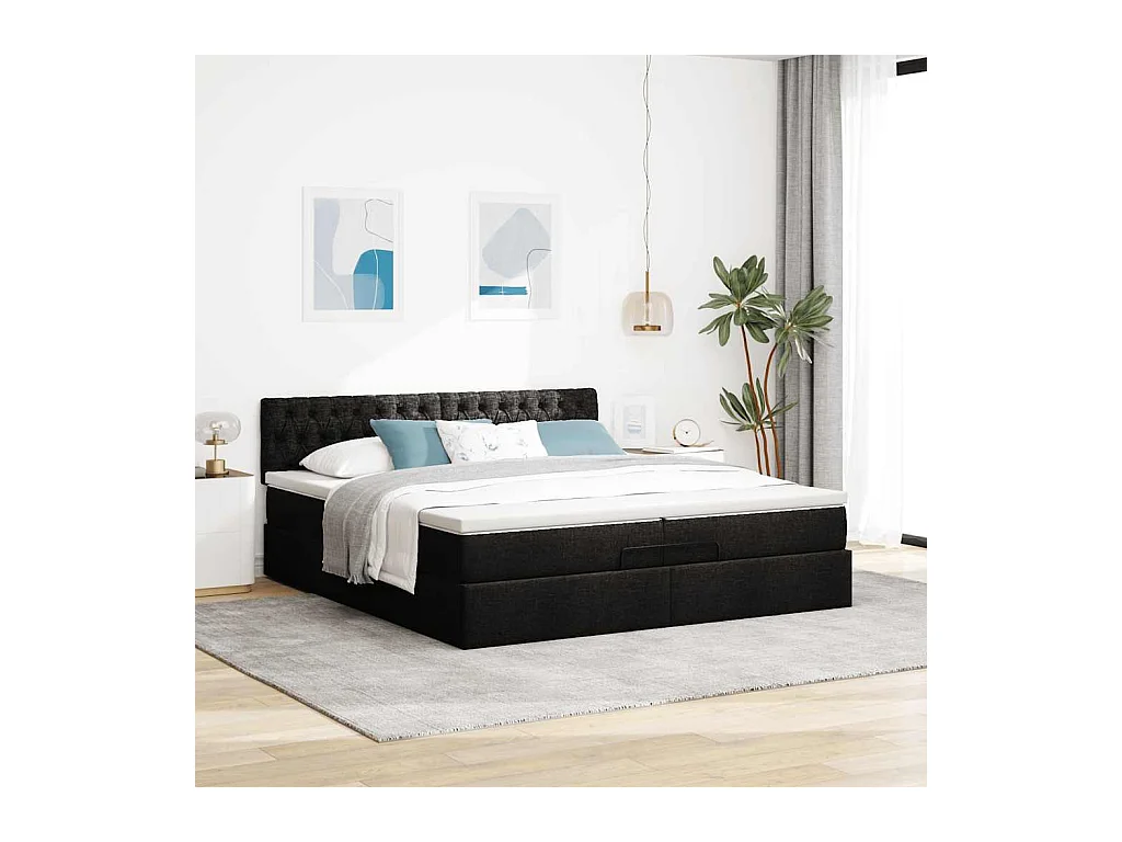 Cadre de lit ottoman avec matelas noir 200x200cm tissu