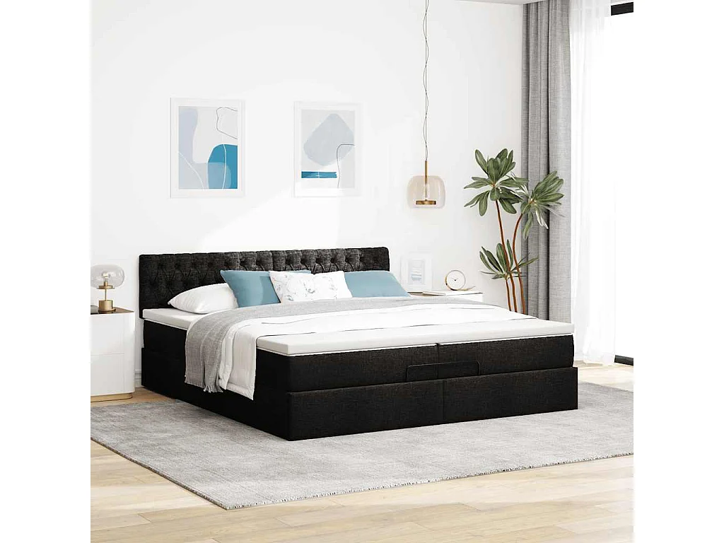 Struttura Letto Pouf con Materassi Nero 200x200 cm in Tessuto