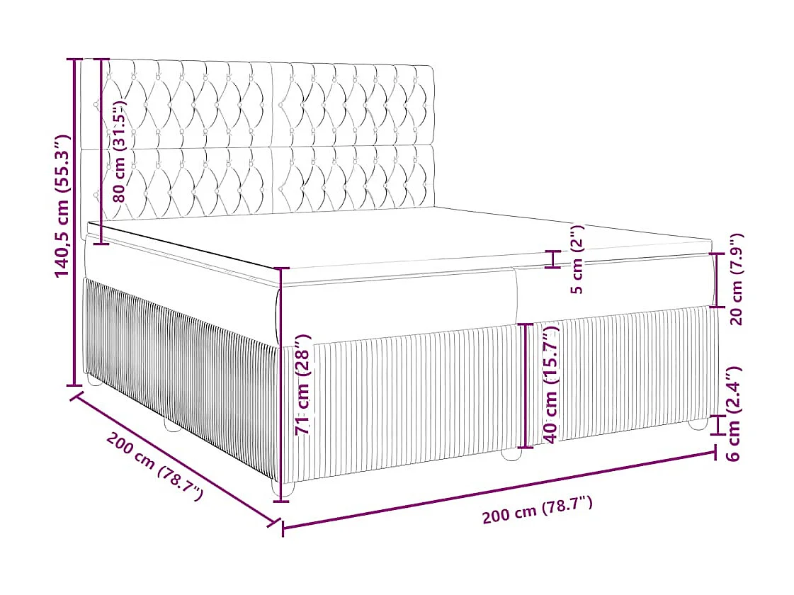 Cama box spring con colchón tela azul 200x200 cm
