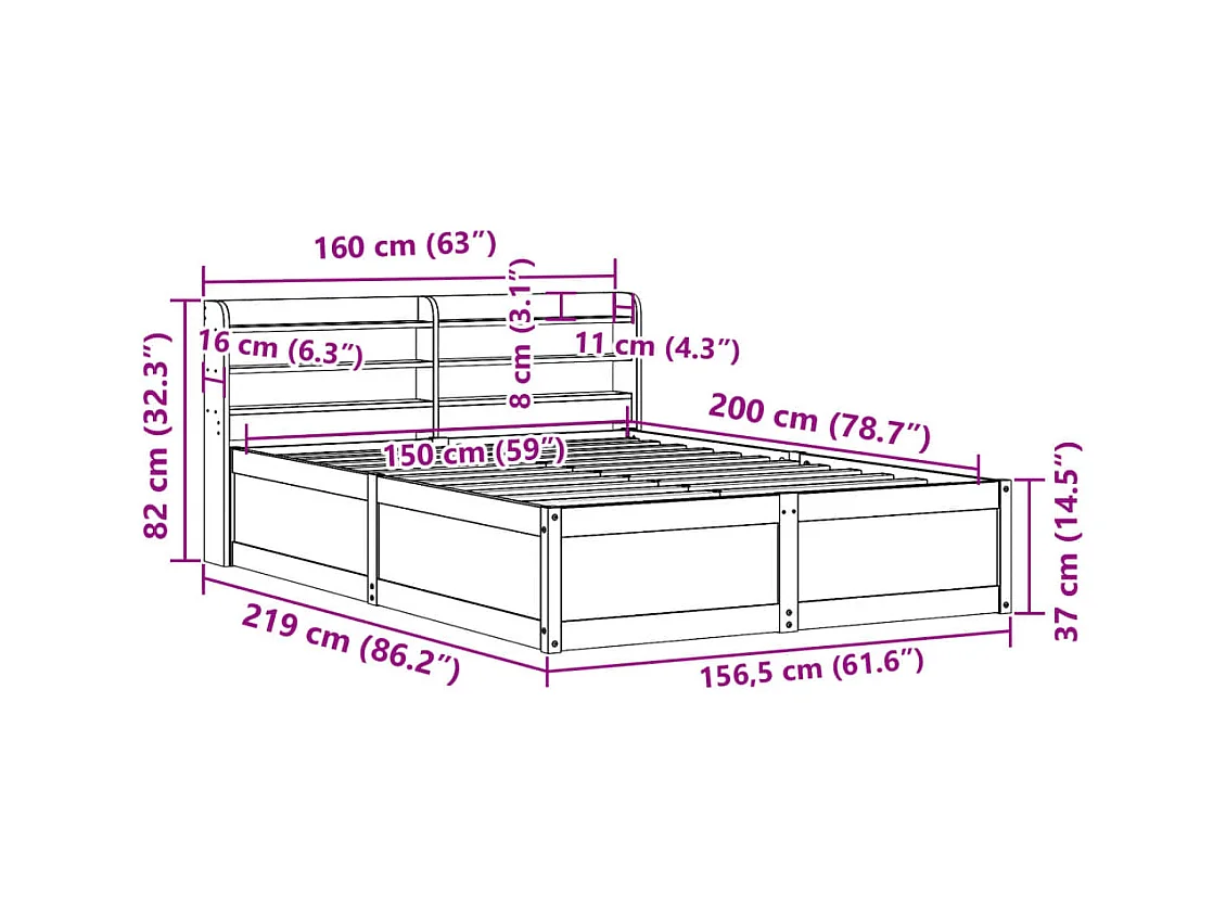 Estructura de cama con cabecero madera de pino blanco 150x200cm