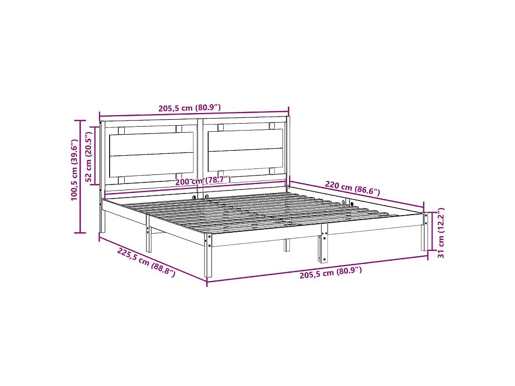 Cadre de lit extra long sans matelas 200x220 cm bois massif