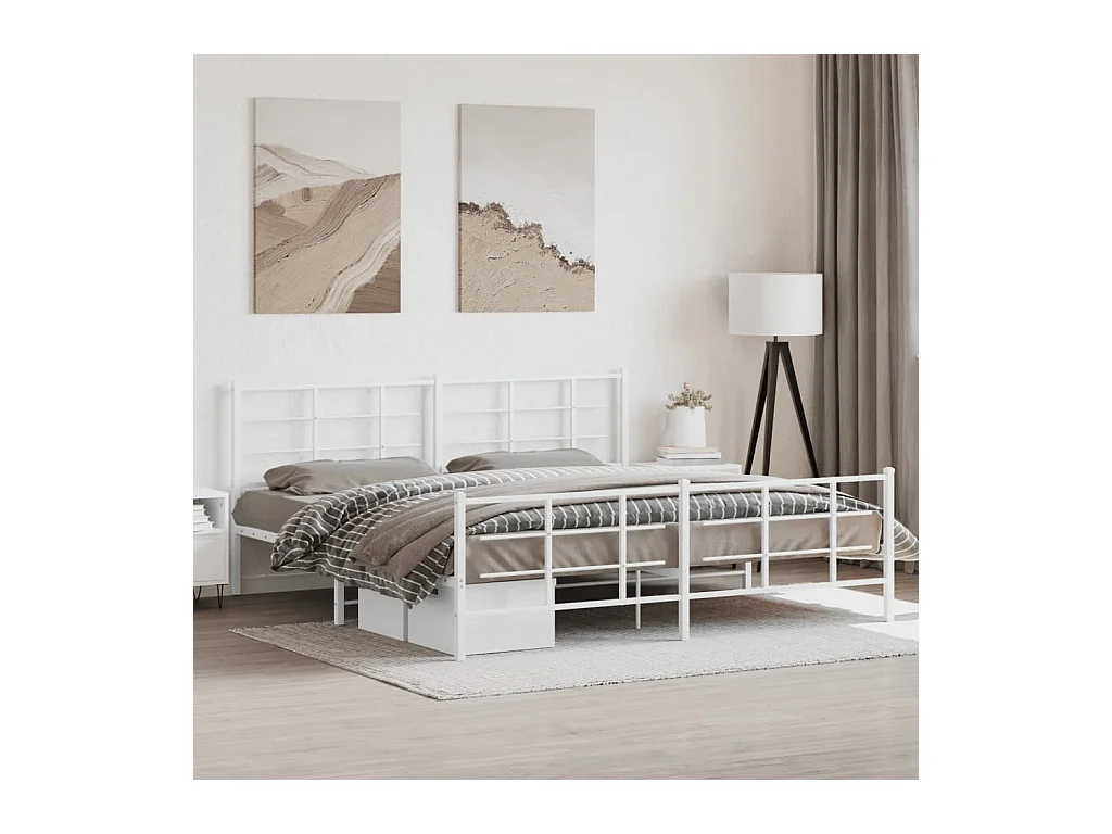 Cadre de lit métal sans matelas et pied de lit blanc 193x203 cm