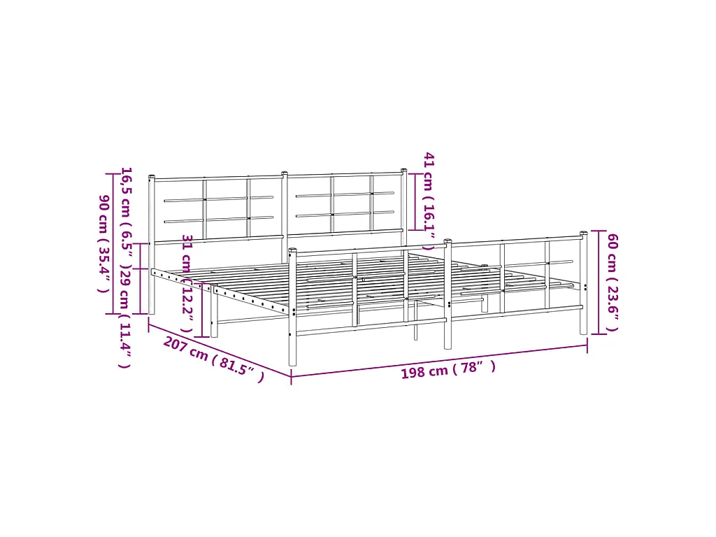 Cadre de lit métal sans matelas et pied de lit blanc 193x203 cm
