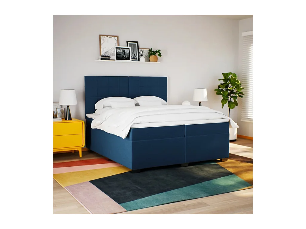 Sommier à lattes de lit avec matelas Bleu 200x200 cm Tissu