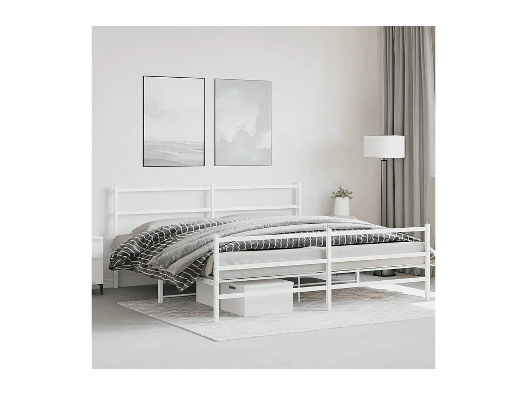 Cadre de lit métal sans matelas et pied de lit blanc 193x203 cm