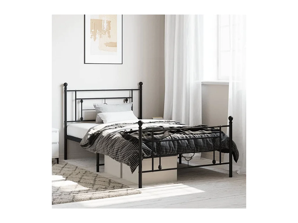 Cadre de lit métal sans matelas avec pied de lit noir 107x203cm
