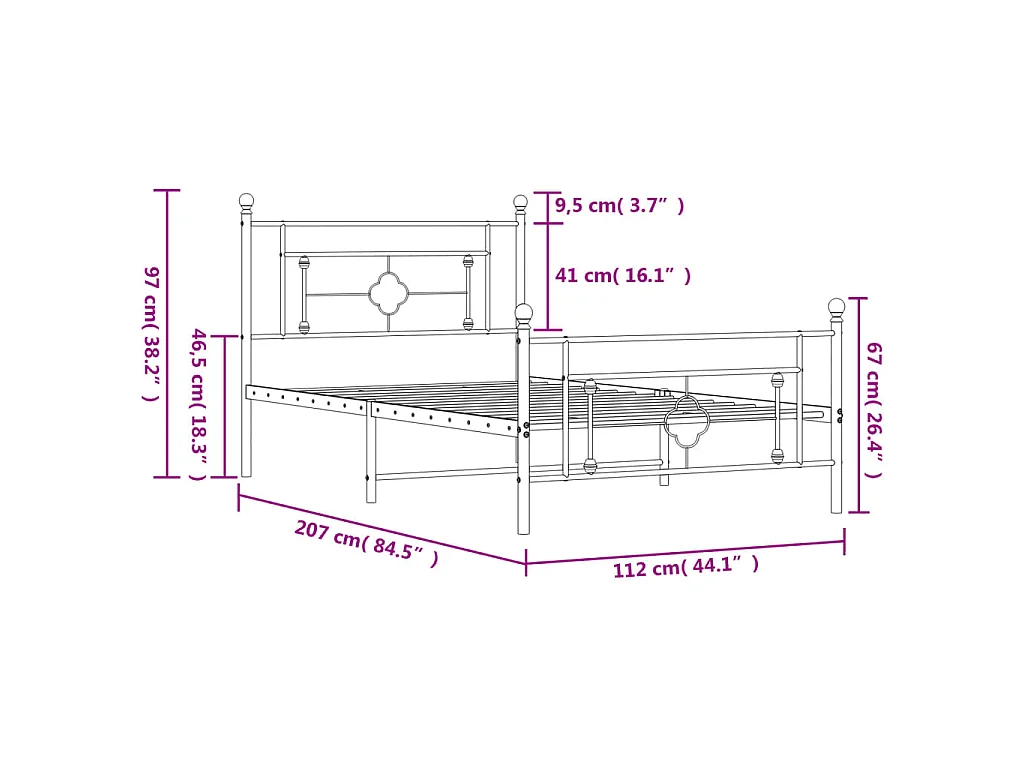 Giroletto con Testiera e Pediera Metallo Nero 107x203 cm