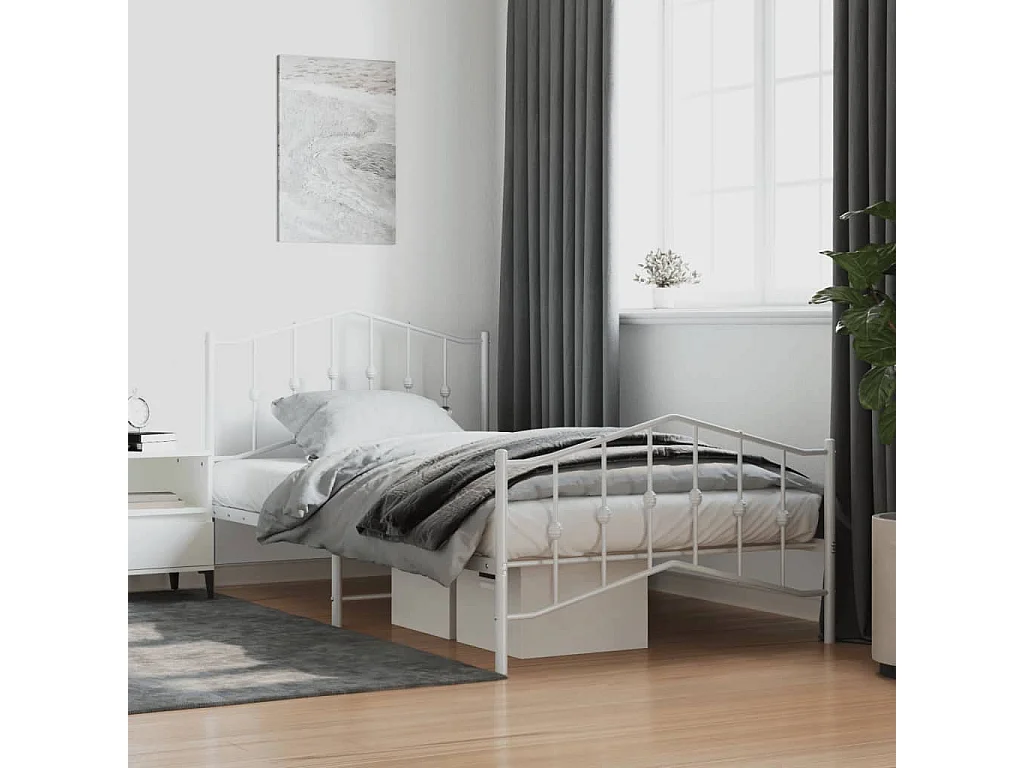 Cadre de lit métal sans matelas et pied de lit blanc 107x203 cm