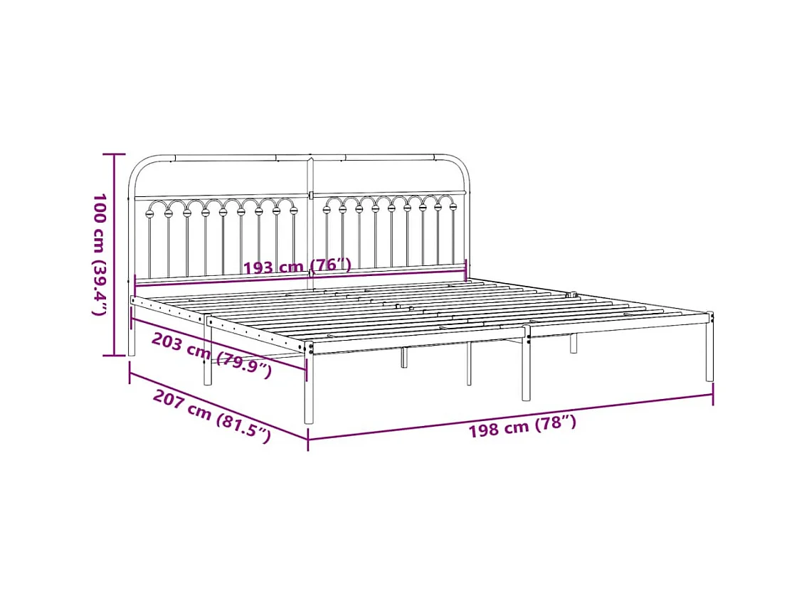 Cadre de lit métal sans matelas avec tête de lit noir 193x203cm