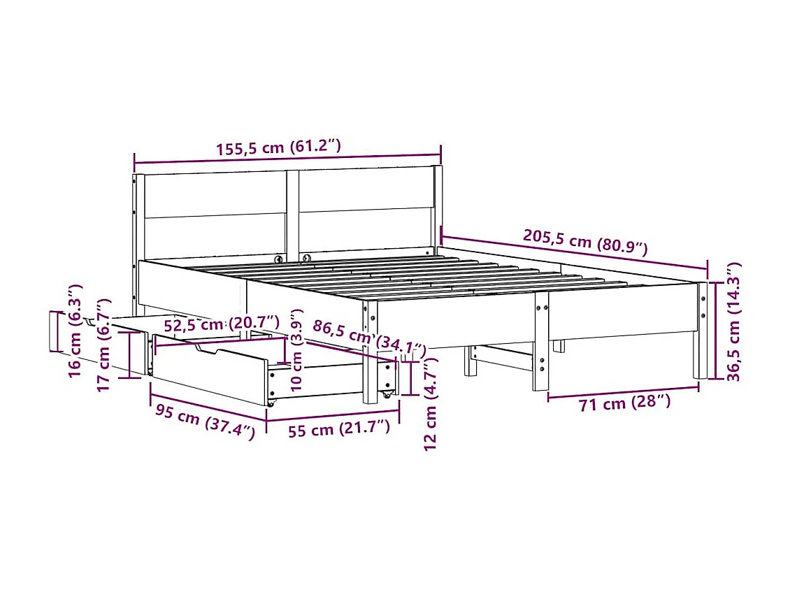 Massivholzbett ohne Matratze 150x200 cm Kiefernholz