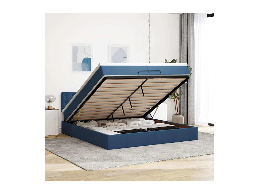 Estructura de cama otomana con colchón tela azul 200x200 cm