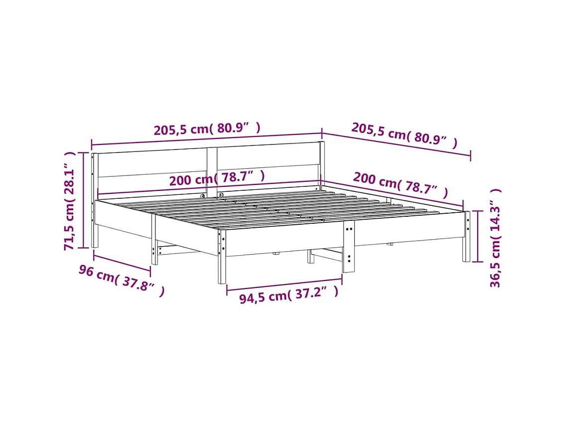 Cadre de lit sans matelas blanc 200x200 cm bois massif de pin