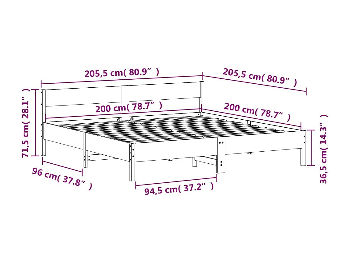 Bedframe zonder matras massief grenenhout wit 200x200 cm