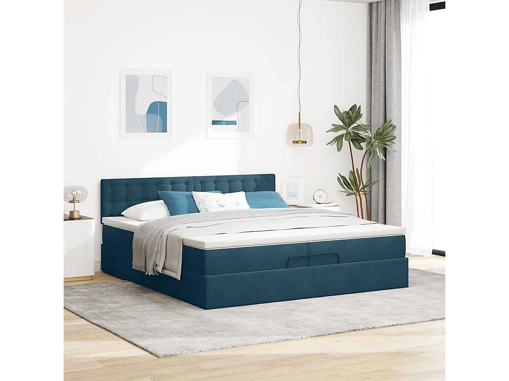 Cama otomana con colchones y luces LED azul oscuro 200x200 cm