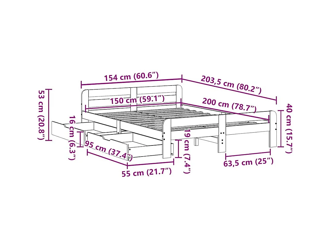 Letto senza Materasso 150x200 cm in Legno Massello di Pino