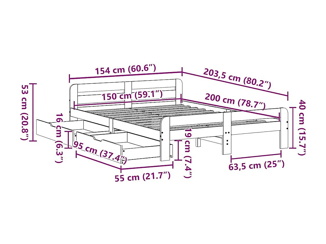 Letto senza Materasso 150x200 cm in Legno Massello di Pino