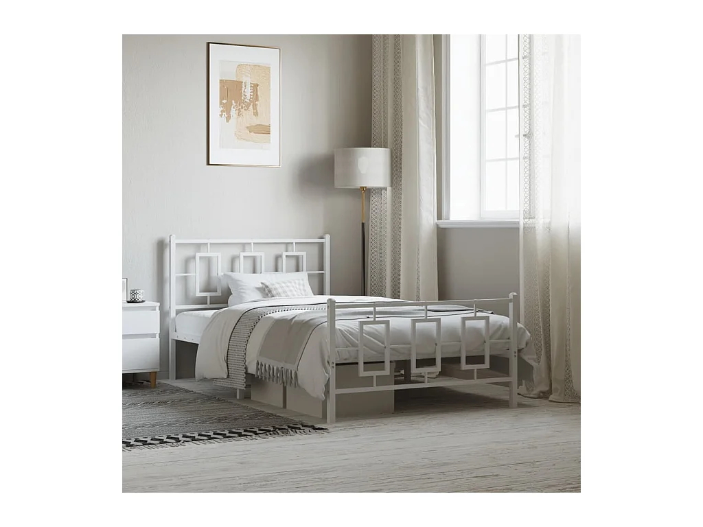 Cadre de lit métal sans matelas et pied de lit blanc 107x203 cm