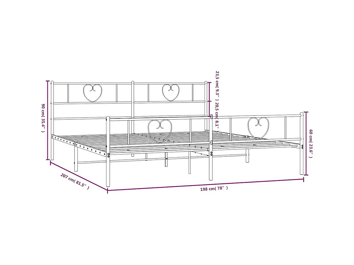 Cadre de lit métal sans matelas avec pied de lit noir 193x203cm