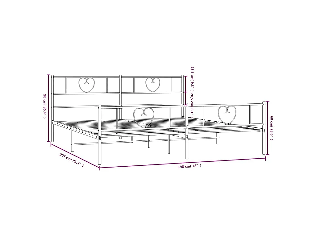 Cadre de lit métal sans matelas avec pied de lit noir 193x203cm