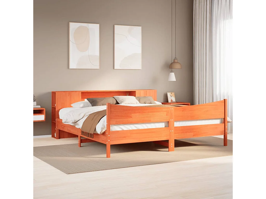 Cama sin colchón madera maciza de pino marrón cera 200x200 cm