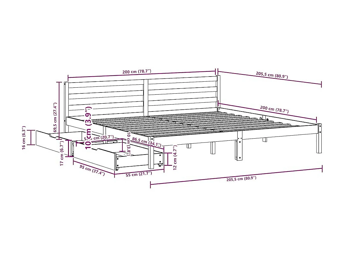 Cadre de lit sans matelas 200x200 cm bois massif de pin