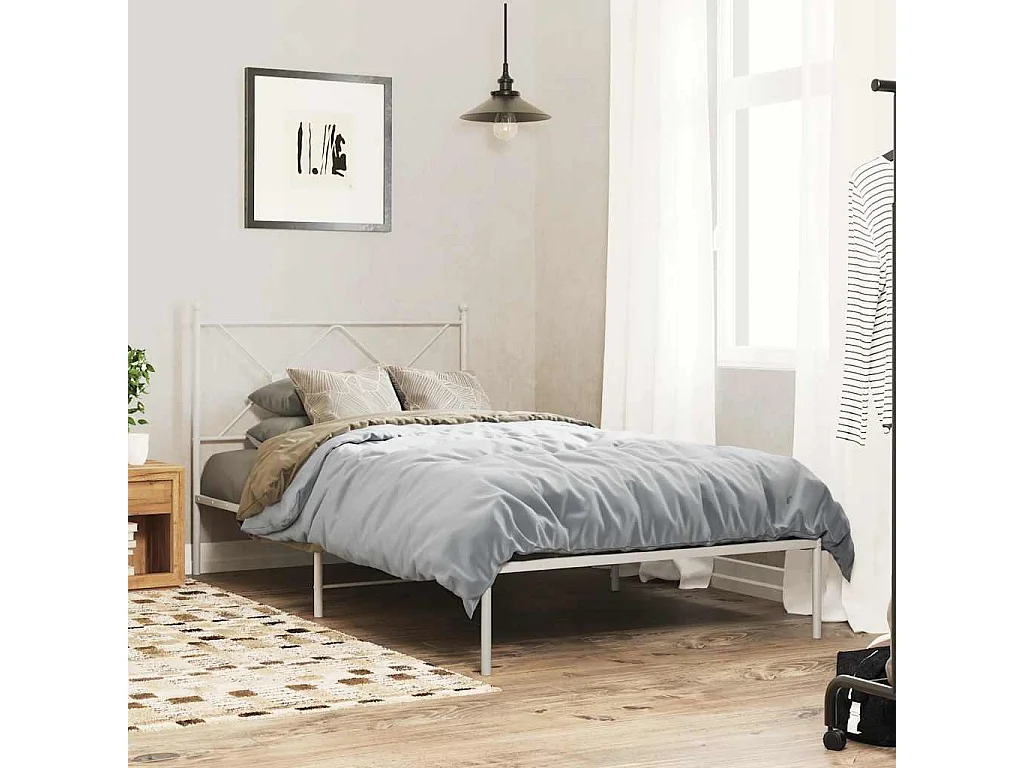 Cadre de lit métal sans matelas et tête de lit blanc 107x203 cm