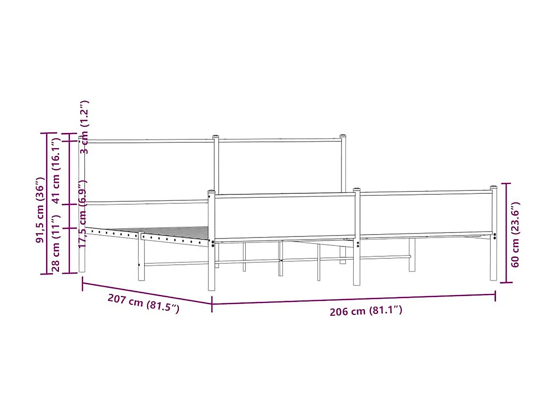 Cadre de lit en métal sans matelas chêne fumé 200x200 cm