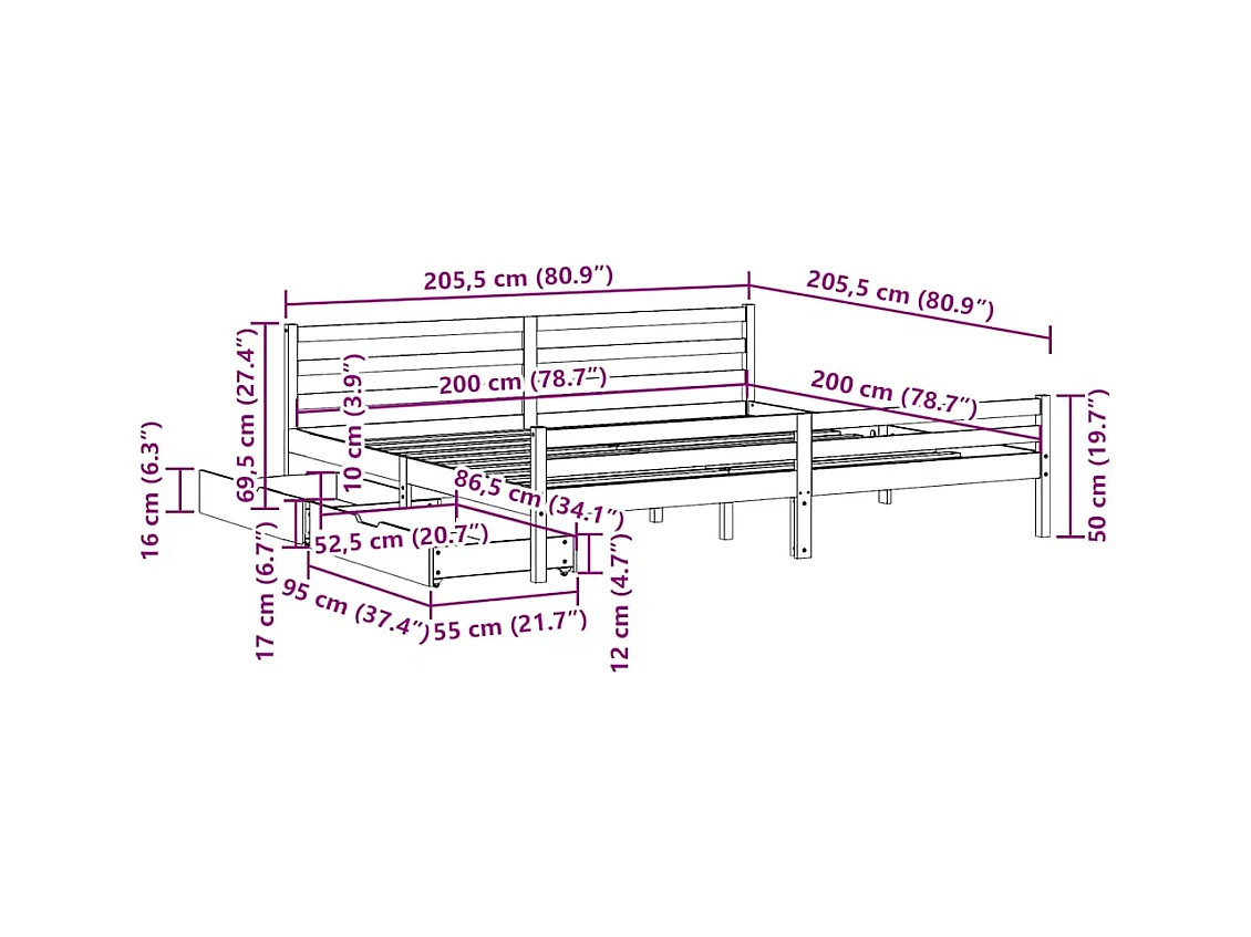 Cadre de lit sans matelas blanc 200x200 cm bois massif de pin